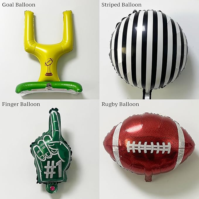 140PCS Football Party Balloon Arch Kit – Game Day Decorations with Football Foil Balloons, Referee Stripe Balloons, #1 Hand Balloons & Field Goal Post, Green Brown Black Balloon Garland