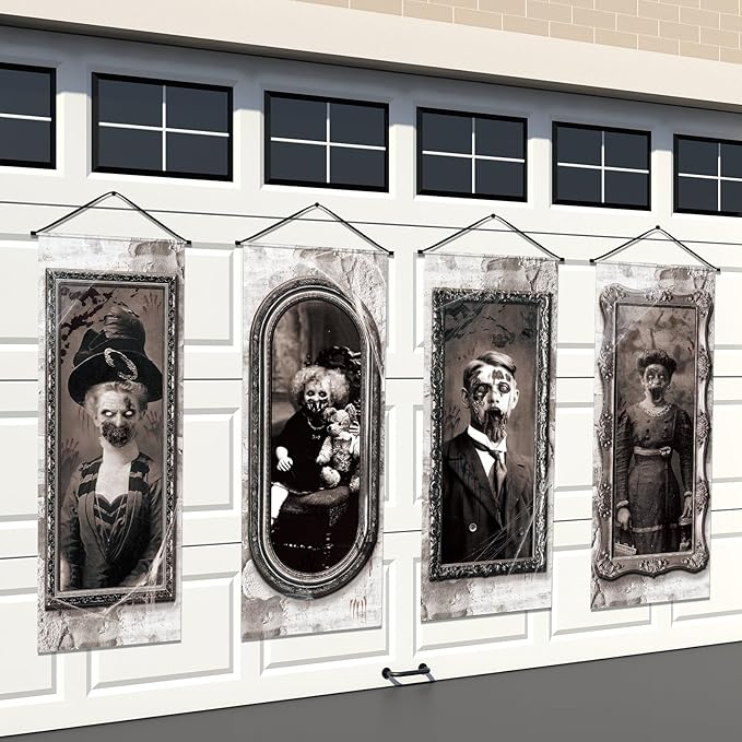 Panelee 4 Pcs Halloween Gothic Banner 3D Changing Face Moving Portrait Banner Decorations Halloween Horror Scary Porch Sign Backdrop for Indoor Outdoor Haunted Wall Hanging Decor