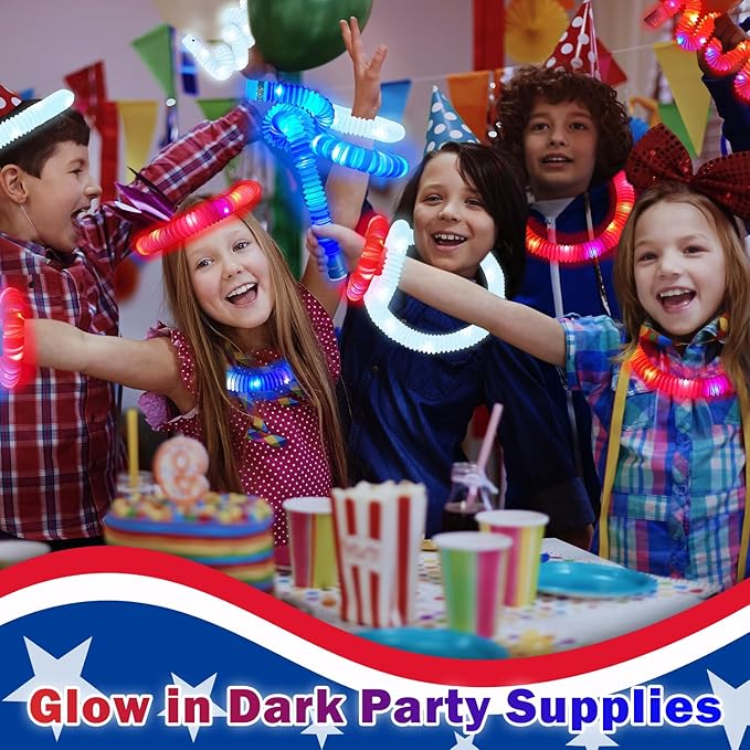 Patriotic Accessories Toys Gifts for Kids ＆ Adults 9 PCS, Red White Blue Light up Pop Tubes Neon Bracelets Necklaces for Parade Throws, USA Party Favors Supplies Decorations for Labor Veterans Day