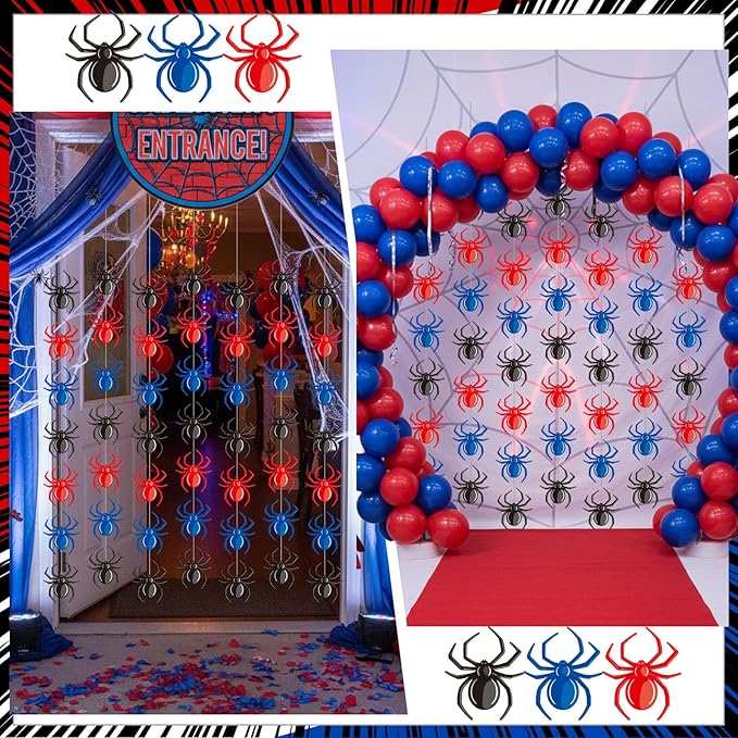 Xinnun Spider Party Decorations Hanging Banners Garland Red Blue Black Spider Banner Cutouts Ribbon Streamers for Birthday Baby Shower Party Decorations Supplies