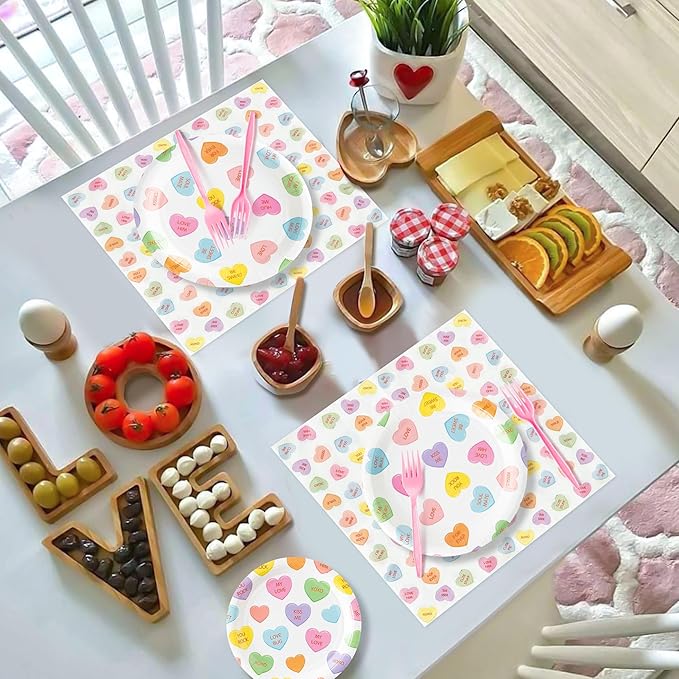 Conversation Heart Valentine's Day Candy Party Plates Supplies - Serves 24 - 96Pcs Party Tableware Decoration Disposable Paper Plates Napkins Forks for Valentine Birthday Wedding