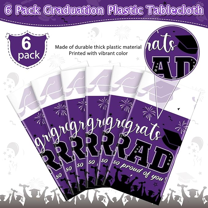 6 Pack Graduation Tablecloth Party Decorations, Class of 2026 Congrats Grad Plastic Tablecover Party Supplies, Purple Rectangle Graduation Table Decorations for College High School Party, 54 x 108Inch