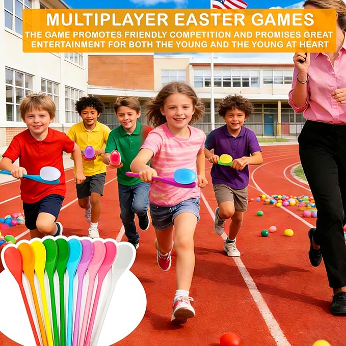 TOPLEE 20 Pcs Easter Egg and Spoon Race Game Set, 10 Players Balance Relay Easter Games Include 10 Eggs and Wooden Spoons for Kids Family Carnival Outdoor Games Holiday Birthday Party Supplies
