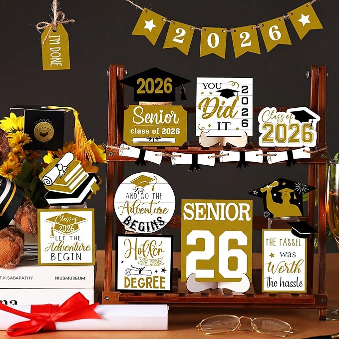 22 Pcs 2026 Graduation Tiered Tray Decor Sets Wooden Graduation Class of 2026 Table Decorations Senior 2026 Gown Diploma Farmhouse Signs for Home Shelf Party Office Desk(Gold)