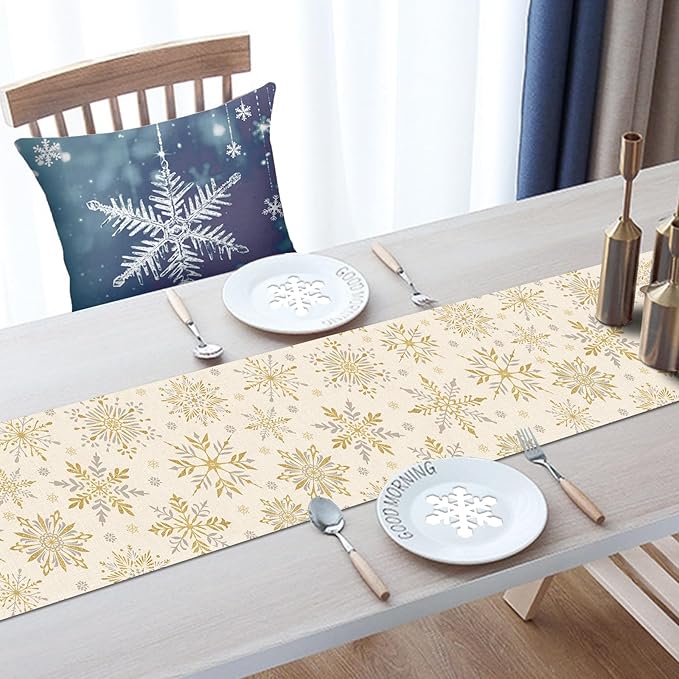 Winter Gold Snowflake Dining Table Runner, Golden Snow Glitter Burlap Kitchen Decoration, Christmas Seasonal Indoor Outdoor Home Decor Party Supply 13 x 72 Inches