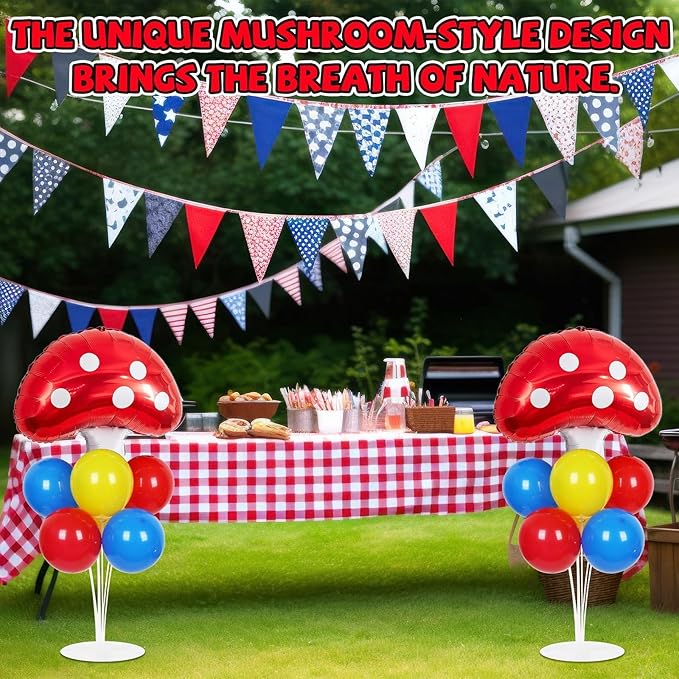 Mushroom Party Balloons Stand Kit 2 Sets with 2 Mushroom Foil Balloons Super Themed Brothers Balloon Centerpiece for Tables Spring Forest Plant Birthday Video Game Party Decorations