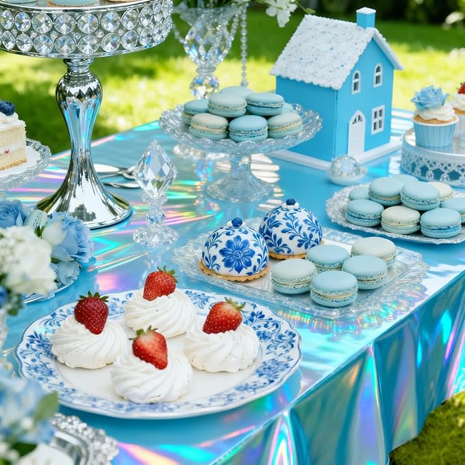 3-Pack Blue Iridescent Tablecloths, Holographic Glittering Foil Disposable Tablecloths, 54 Inches x 108 Inches, Suitable for Birthday, Wedding, and Holiday Party Decorations