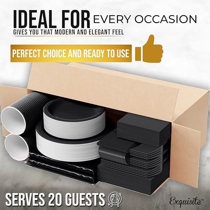 222 Pcs Black Paper Plates and Napkins Sets, Disposable Plates For Party, Lunch & Cocktail Napkins Paper, 18oz Plastic Cups, Cutlery and Black Table cloth Plastic Dinnerware Set