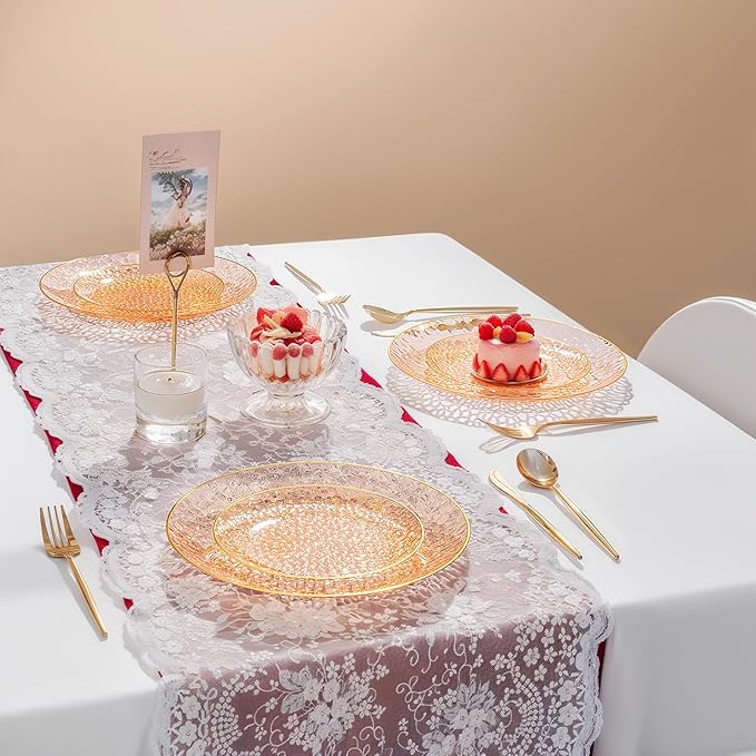Rubtlamp 175 Pcs Plastic Dinnerware Set (25 Guests), Orange And Gold Plastic Plates, Hammered Party Plates Set Include Dinner Plates, Dessert Plates, Cups&Cutlery Set And Napkins for Wedding And Party