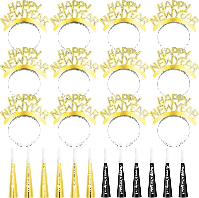 Shappy 24 Pcs 2026 New Year Party Supplies Happy New Year Headband Horn Sounder Noisemakers Eve Party Decorations