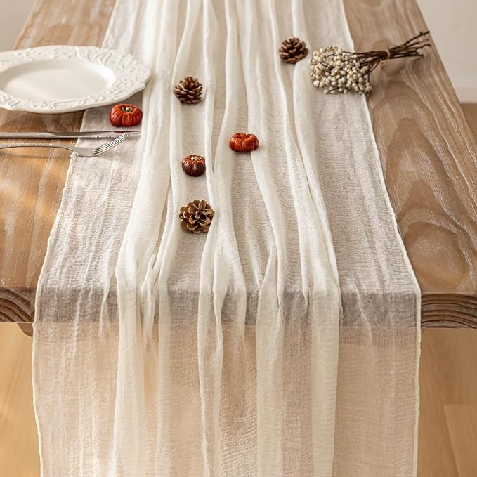 Keketoarrange 6pcs Ivory Gauze Rustic Cheesecloth Table Runner 120 Inch 10 FT for Wedding Baby Shower Bridal Shower Birthday Engagement Garden Outdoor Party Long Sheer Boho Decorations