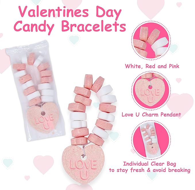 Gift Boutique Valentines Heart Bracelet Candy 50 Pack Individually Wrapped Love U Charm Hearts Shaped Bracelets White Pink Red Beads Party Bags Treats