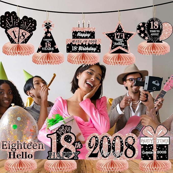 9Pcs Rose Gold Pink 18th Birthday Decorations Honeycomb Centerpieces for Girls,Happy 18th Birthday Centerpieces Tables Toppers Party Decorations Supplies,Vintage 2008 Aged Table Sign Decor