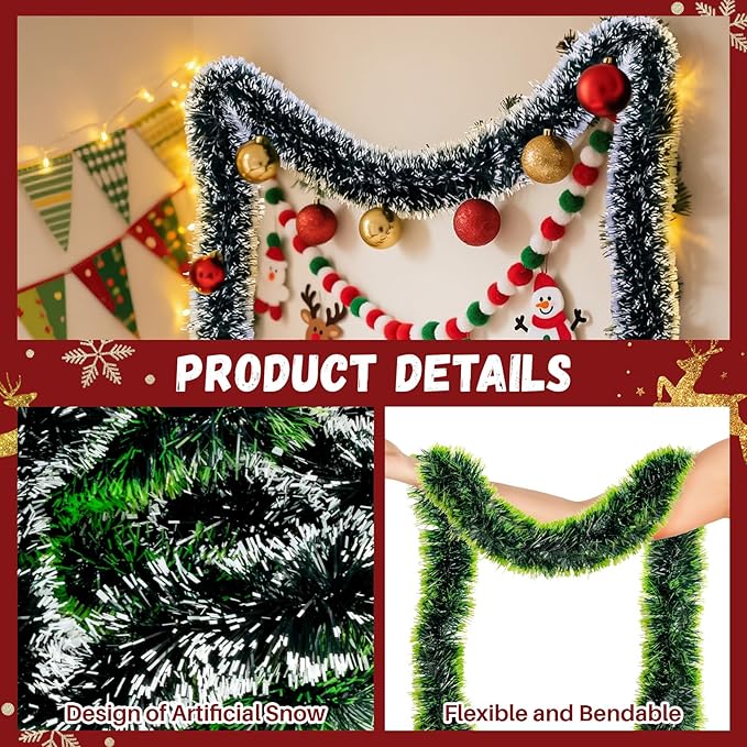 32.8FT RAINFLOW White Green Christmas Garland - Christmas Tinsel Garland Decorations for Xmas Tree Fireplace Mantel Stairs Railing Winter Theme Party Wedding Supplies Indoor Outdoor Holiday Decor
