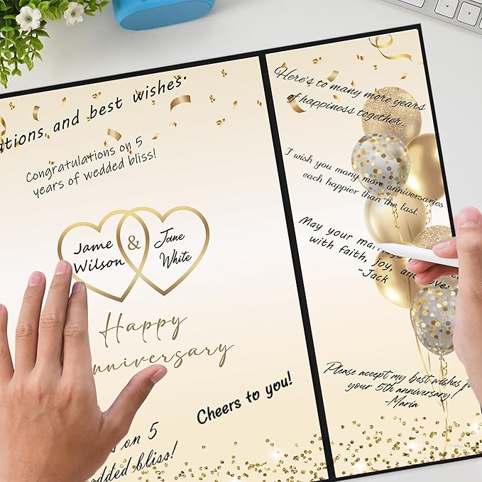 DARUNAXY Black Gold Happy Anniversary Party Decorations, Happy Anniversary Alternative Signature Guest Book Wedding 1st 10th 40th 50th Anniversary Signing Card Board Party Supplies