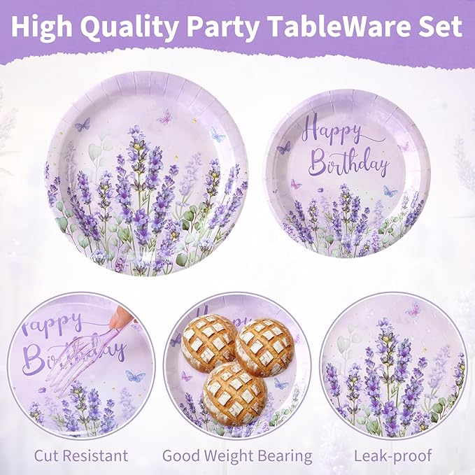 400 Pcs Purple Lavender Birthday Decorations for 50 Guests, Lavender Floral Butterfly Paper Plates Napkins and Cups Set with Cutlery, Lilac Tableware for Spring Birthday Party Supplies