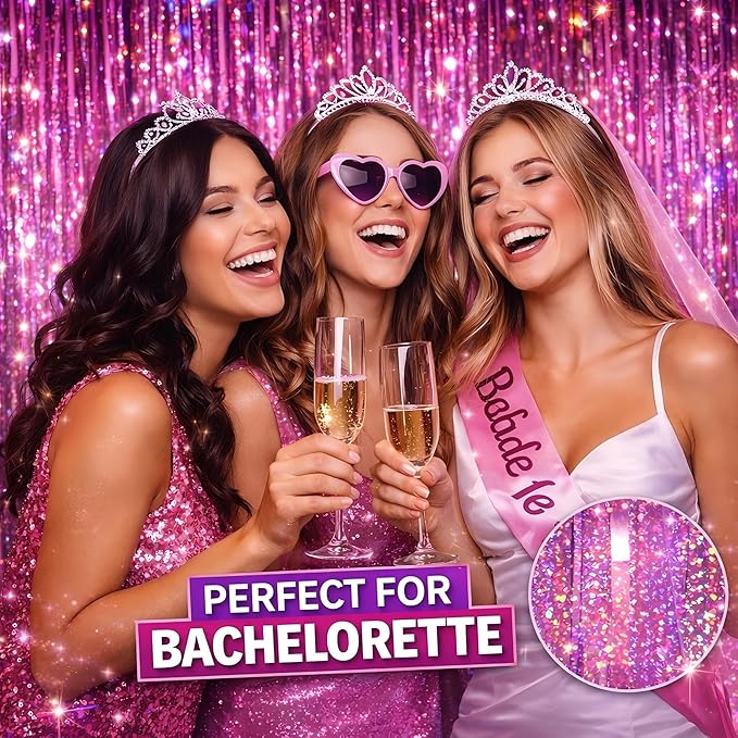 Melsan Pink Foil Fringe Curtains Easter Decorations for Home – 3 Pack 3.2 x 8.2 ft Shiny Tinsel Backdrop for Bachelorette Party, Disco Y2K Decorations, Girls Birthday & Photo Booth Backdrop