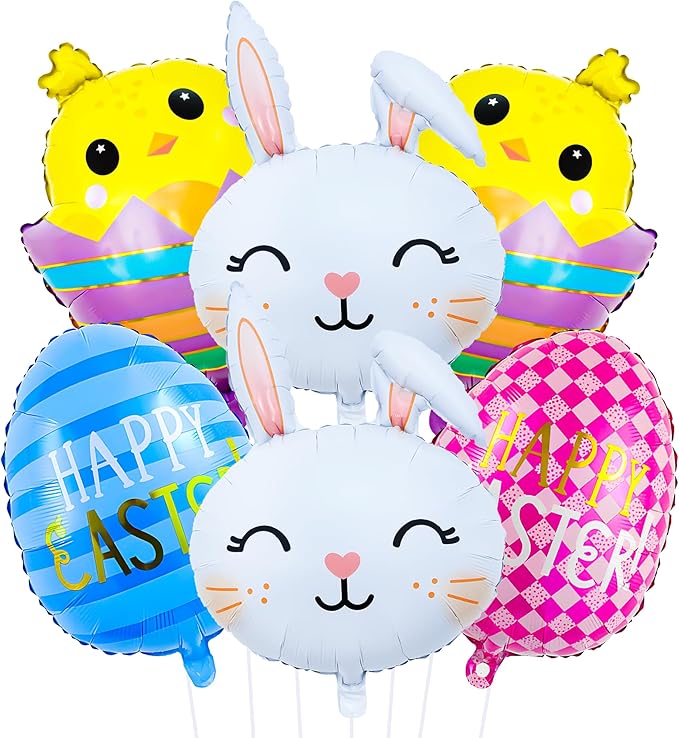 Easter Bunny Balloons Set Cute Rabbit, Chick & Happy Easter Egg Foil Balloons Spring Holiday Bunny Balloon for Kids Baby Shower Decor