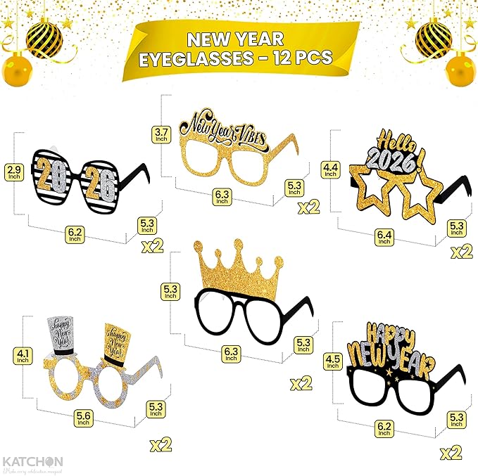 KatchOn, 2026 Glasses New Years - Pack of 12 | NYE Photo Booth Props, New Years Eve Party Supplies 2026 | 2026 New Years Glasses, New Years Decorations 2026 | New Years Photo Booth Props