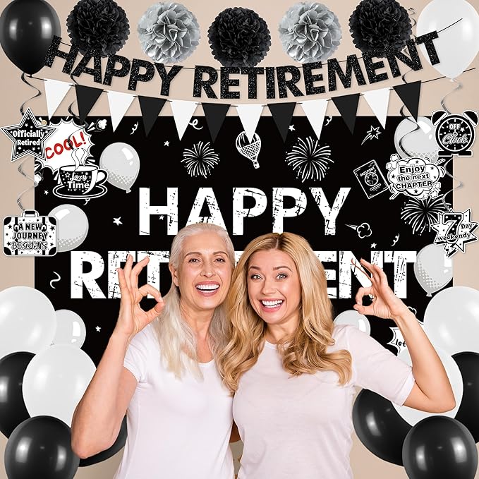 Holkcog Retirement Party Decorations, Black White Happy Retirement Banner Backdrop Paper Fan Hanging Swirls for Coworker, I'm Retired Cupcake Topper for Retiring Women Men Party Supply