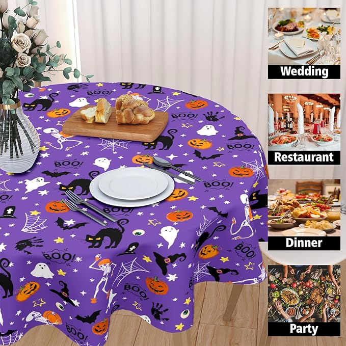 Halloween Tablecloth Round 60 Inch Purple Outdoor Table Cloth Black Orange Pumpkin Table Cover for Kitchen Dinner Room Holiday Party Outdoor Home Halloween Decor
