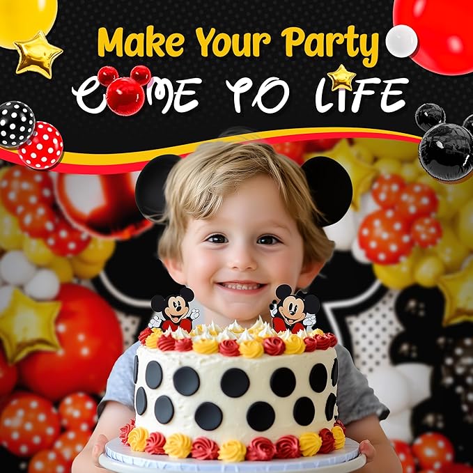 ALL-IN-1 Mickey Balloon Arch Kit with BONUS Mouse Heads & Gold Stars for Mouse Birthday Decorations - Mickey Balloons for Cartoon Mouse Clubhouse Birthday Decorations - Disney Balloons, Mickey Party
