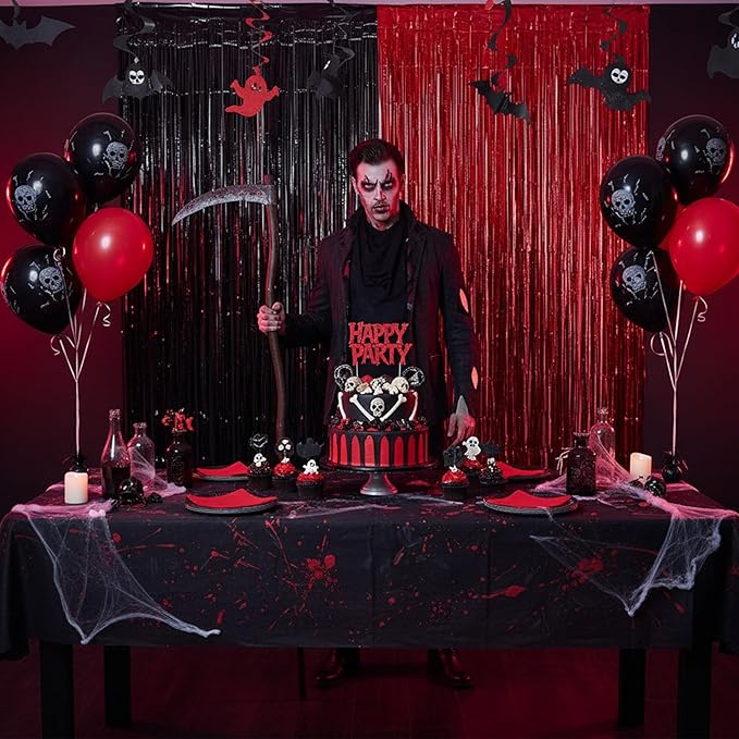 Foil Fringe Curtain Party Decorations - Black Red Metallic Tinsel Backdrop Party Steamers Curtains for Stranger/Boy/Men/Birthday/Prom/Bachelorette/Holidays Parties Decorations