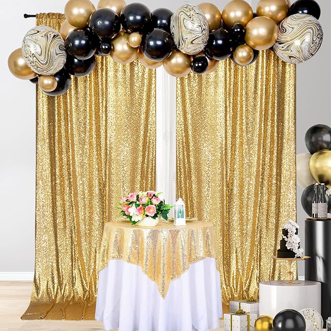 PartyDelight Gold Sequin Backdrop 5x10ft 2 Panels - High Density 3mm Shimmer Sequin Background Sparkly Photography Curtain for Wedding, Gala, Stage & Event Decor