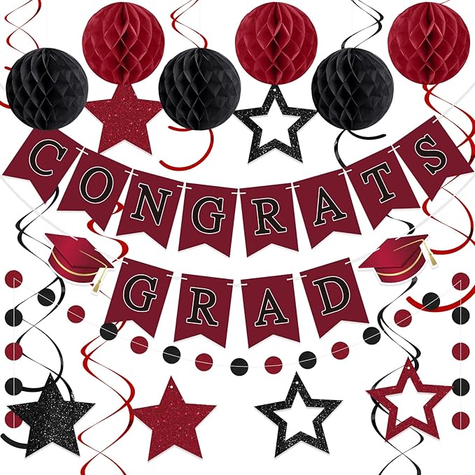 Congrats Grad Banner 2026 Graduation Decoration with Hanging Swirl Honeycomb Ball Circle Garland Grad Party Supplies for College Senior High School Classroom Decor(Burgundy and Black)