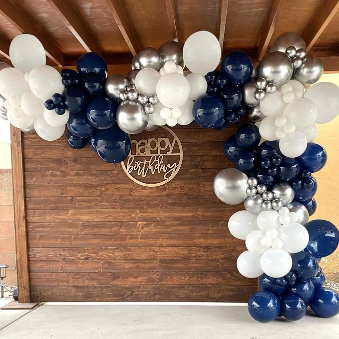 Navy Blue and Silver Balloons Garland Arch Kit,150pcs Navy Blue Silver and White Latex Balloons in Different Sizes for New Year Graduation Baby Shower Birthday Prom Wedding Party Decorations