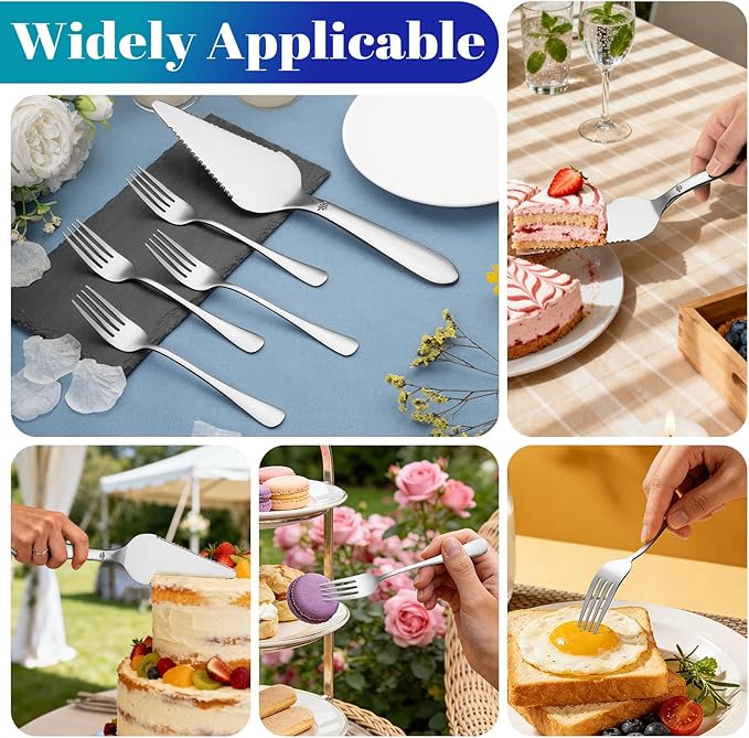 1 Pcs Cake Pie Server and 4 Forks Set for Wedding, Elegant Pizza Slicer Server Set with Stainless Steel Big Serrated Edges, Cake Cutter Pie Spatula for Birthday Anniversary, Silver