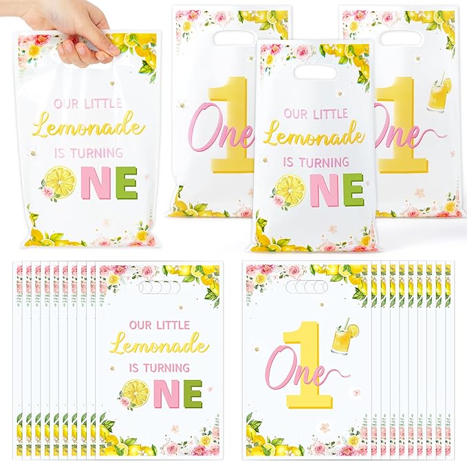 Lemon 1st Birthday Party Favor Bags - 50Pcs Our Little lemonade is Turning One Goody Candy Treat Bags, Summer Lemon Themed Baby First Birthday Party Decorations for Baby Shower