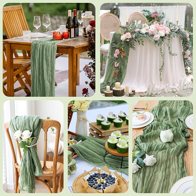 Wokceer Cheesecloth Table Runner 4Pack 10FT Sage Green Christmas Gauze Fall Cheese Cloth Table Runner for Party Easter Rustic Sheer Table Runners for Baby Bridal Shower Wedding