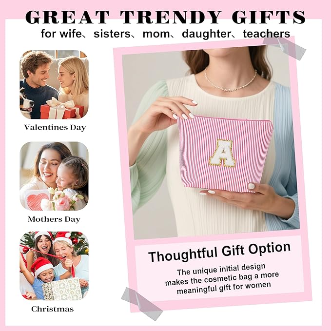 Birthday Gifts for Women - Initial Makeup Bag Set, Portable Makeup Pouch Cosmetic Bag with Zipper, Travel Essentials Toiletry Bag Travel Gifts for Women, Pink Letter B