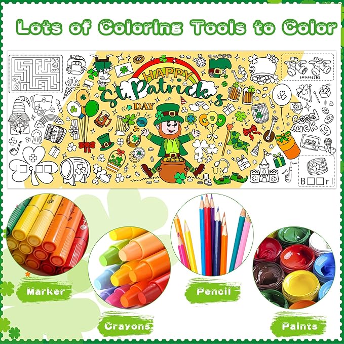 St Patricks Day Coloring Tablecloth/Poster, St Patrick Day Decorations, 72" X 30" Gaint Paper Coloring Tablecloth for Kids Crafts Activities, DIY St Patricks Party Supplies Gifts for Classroom Family