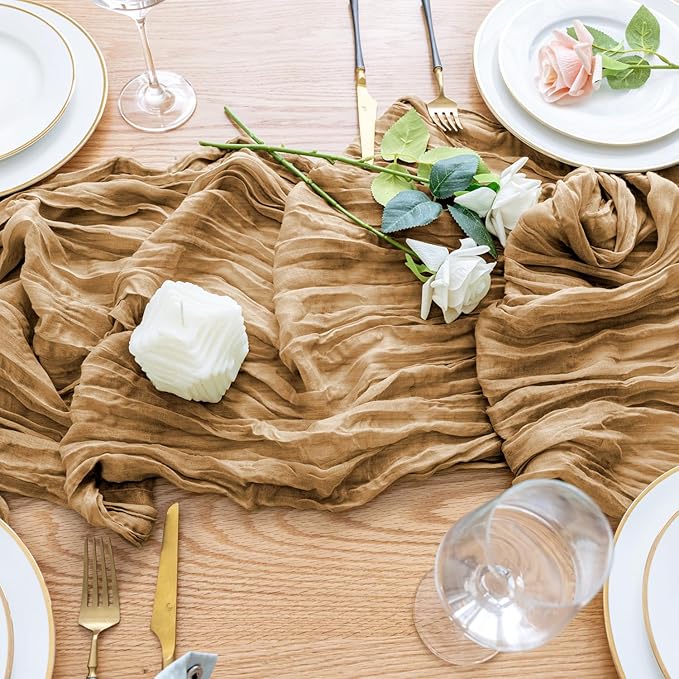 Wokceer Cheesecloth Table Runner Khaki 10FT Boho Gauze Cheese Cloth Table Runner for Party Long Rustic Sheer Table Runners for Baby Bridal Shower Wedding Easter Table Decor