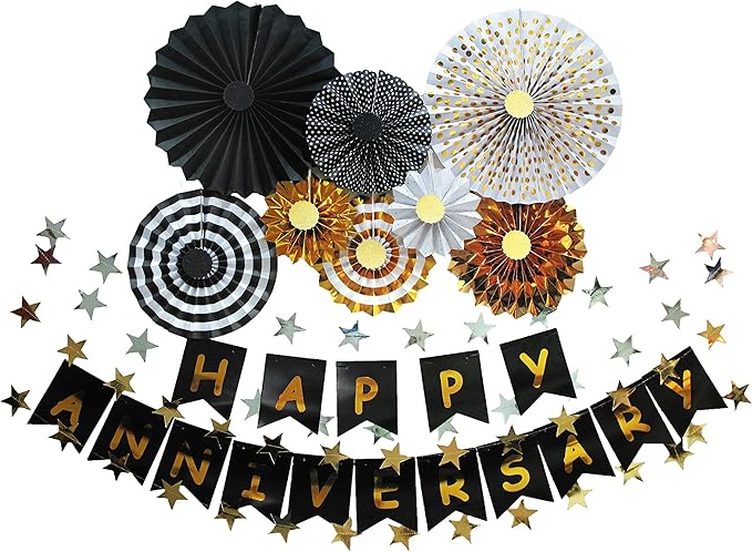 Happy Anniversary Banner Party Hanging Paper Fans Decoration for Birthday Wedding Party, Happy Anniversary Decorations.