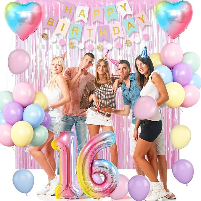 16th Birthday Decorations Rainbow,Gradient Number 16 Balloon,Pastel Happy Birthday Banner Fringe Curtain Heart Foil Balloons Boys Girls 16 Year Old Decor