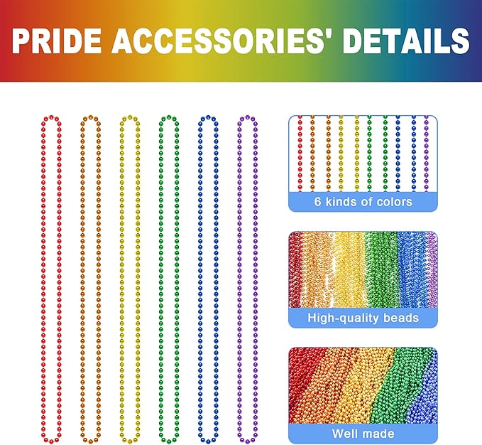 50PCS Pride Stuff, Gay Pride Beads Accessories, 6 Kinds of Metallic Rainbow Beads Necklace Bulk, LGBTQ Pride Necklace for Women Men, Costumes Decor for Pride Month Parade Throws Party Favors