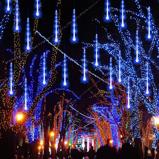 FUNPENY Meteor Shower Rain Lights, 288 LED Christmas Lights Icicle Snow Falling Halloween Light Outdoor Raindrop Light, 30cm 8 Tubes Xmas Tree Holiday Christmas Halloween Decoration, Blue