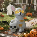 Halloween Decor Outdoor Solar Dog Statue Garden Decorations Holding Skeleton Statue Lights with 360° Spinning Glowing Eyes Ghost Garden Decor & Creative Gifts
