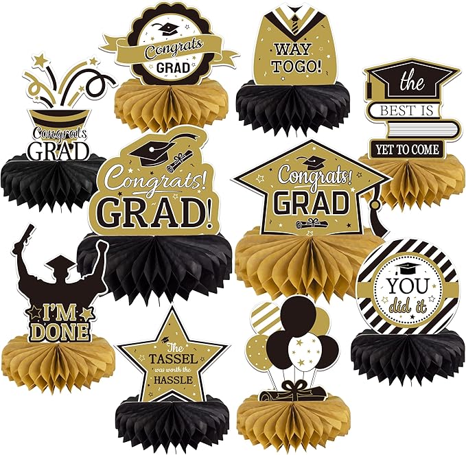 10PCS Graduation Decorations Class of 2025 Centerpieces, Congrats Grad Honeycomb Table Toppers for Graduation Party Favors, 2026 Graduation Party Decorations (10PCS, Gold & Black)