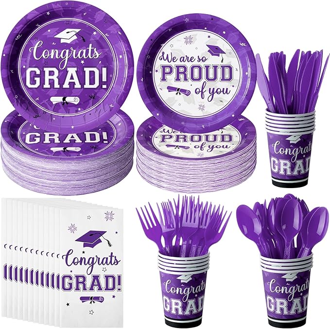 Graduation Party Supplies Congrats Grad Plates and Napkins Set Serve 50, Disposable Tableware Paper Plates Napkins Cup Knive Spoon Fork Straw for Class of 2026 Graduation Party Decorations Purple