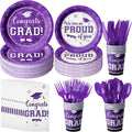 Graduation Party Supplies Congrats Grad Plates and Napkins Set Disposable Tableware Paper Plates Napkins Cups Knives Spoons Forks Straw for Class of 2025 Graduation Party Decorations Serve100 (Purple)