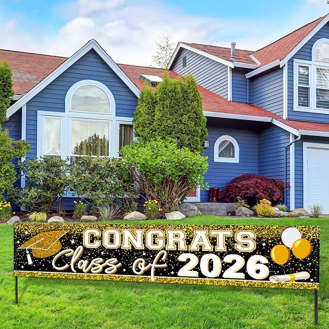 Large Congrats Grad Banner Gold Class of 2026 Banner Backdrop Graduation 2026 Yard Sign for Graduation Party Supplies Graduation Decorations 2026 (Gold)