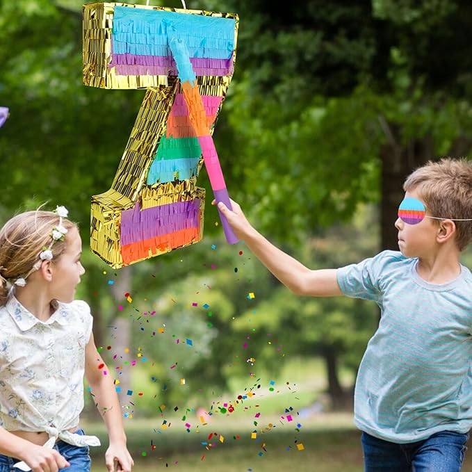 Rainbow Number 7 Pinata Birthday Decorations for Kids, Rainbow Pinata with Bat Stick Blindfold for Boys Girls 7th Birthday Celebrations Baby Shower Party Supplies (16.1x10.6x2.9 Inches)