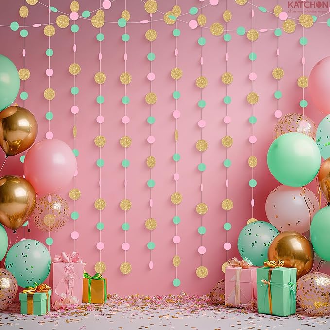 KatchOn, Circle Dots Paper Garland - 65 Feet, Pack of 5 | Colorful Birthday Garland for Pink Gold Birthday Decorations | Gold Hanging Decorations for Wedding, Baby Shower, Bridal, Classroom Decor