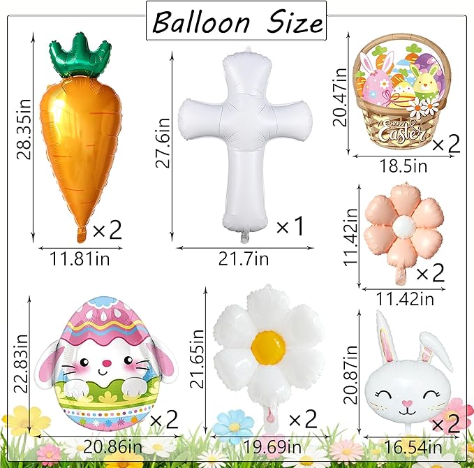 Easter Party Decorations, 16Pcs Happy Easter Banner and Large Easter Foil Balloons Decorations Set, Includes Bunny, Egg, Carrot, Daisy and Crucifix Mylar Balloons for Spring Party Holiday Celebrations
