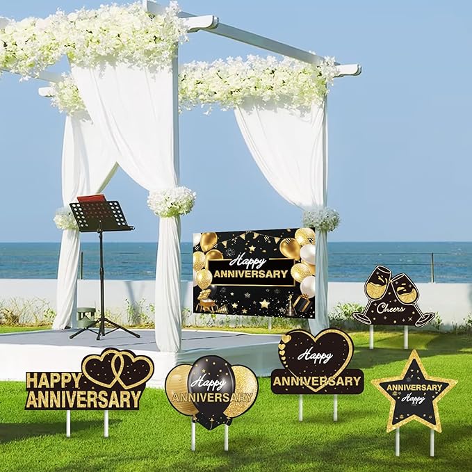 6pcs Happy Anniversary Wedding Yard Sign Decorations Outdoor, Gold Black Lawn Yard Sign with Stakes and for Married Men Women Wedding Birthday Decor Outdoor Party Supplies