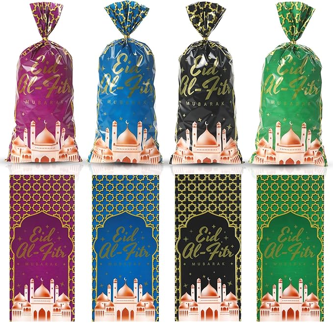 eowqeiur 100 PCS Eid Goodie Bags(5x11 Inch) with Ties for Candy Goodie Treat Snack Goody Cookie Small Gifts Wrap Ramadan Baggies Pouch Eid Mubarak Party Favors Supplies Decor